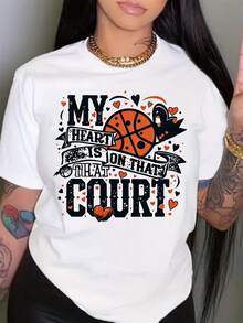 Women's Casual Sports T-Shirt With Basketball Graphic - White T-Shirt With Tattooed Woman Design, Elastic And Round Neck, Machine Washable, Comfortable Fit And For All Seasons, Stylish Casual Clothing. - 白色 - 查看 7