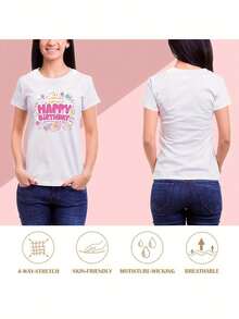 New 2026 Collection: Cotton T-Shirt, New Women's Fashion With Letter Print, Round Neck, Casual, Comfortable And Soft For All Seasons, Simple And Versatile, Stylish And Elegant With Colorful Print, Happy Birthday. - 黑色 - 查看 10