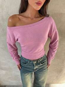 Top de manga larga asimétrico de hombro de punto de color albaricoque para mujer, otoño/invierno - Rosa - Ver 5
