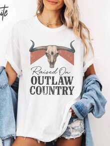 Plus Size Women's Clothing, Western Print, Longhorn Skull Design "Raised On Law Country", Vintage Style, Casual Short Sleeve T-Shirt 100% Cotton 220g, Graphic Tees For Women, Tops, Breathable And Comfortable Summer Clothing. - 白色 - 查看 1