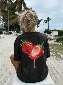 | Exquisite Design | Loose And Comfortable | Easy To Match | [Double-Sided Print] Women's Summer Casual T-Shirt, Cool Style, Strawberry Juice Print, Short Sleeve, Round Neck, Pure Cotton, Plus Size, Drop Shoulder [LangK] - 黑色 - 查看 3