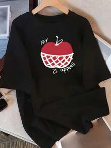 Limited Time Offer, Limited Quantity Available, Flash , Women's Shirts, Women's T-Shirts. Women's Casual T-Shirt - "My NY Is Apples" Print, Loose Fit, Crew Neck, Short Sleeves, White Base With Red And Black Print, Perfect For Spring And Summer, Versatile For Everyday Wear | Fun Print T-Shirt | Comfortable Fit - 黑色 - 查看 1