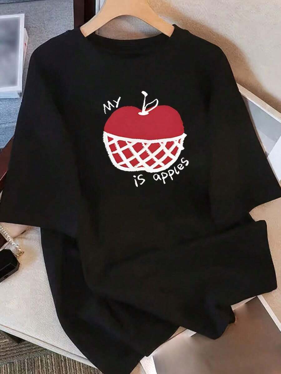 Limited Time Offer, Limited Quantity Available, Flash , Women's Shirts, Women's T-Shirts. Women's Casual T-Shirt - "My NY Is Apples" Print, Loose Fit, Crew Neck, Short Sleeves, White Base With Red And Black Print, Perfect For Spring And Summer, Versatile For Everyday Wear | Fun Print T-Shirt | Comfortable Fit - 黑色 - 查看 1