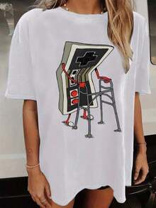 Versatile.1pac.100%Cotton.Women Print Loose Oversized T-Shirt For Women - Casual Polyester Knit Fabric With Round Neckline, All-Season Comfort, Festive Holiday Top, 1 Piece, 200gsm.Moda Corte - White - View 5