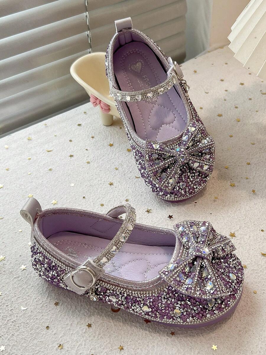 1 Pair 2026 Girls Purple Gradient Rhinestone Bow Glitter Mary Jane Flat Princess Shoes, Suitable For Birthday Party And Performance - Purple - View 1