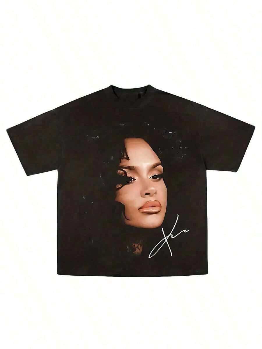 Women's Celebrity Portrait Print T-Shirt, Comfortable And Casual Short-Sleeved, High-Quality Cotton Print. 100% Cotton. Suitable For Casual And Versatile Wear In Spring, Summer, And Autumn. - 黑色 - 查看 1