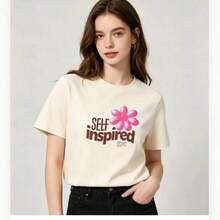 Women's Summer Outfits, Short Sleeve T-Shirt With Feminine Print, Sweet And Fresh Style, Casual, Thick Cotton, 100% Cotton - 杏色 - 查看 7