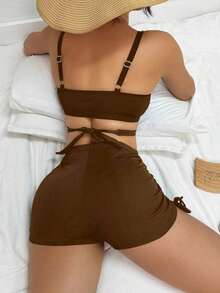 Swim Basics Conjunto de traje de baño minimalista de un solo color para mujer - Marrón - Ver 2