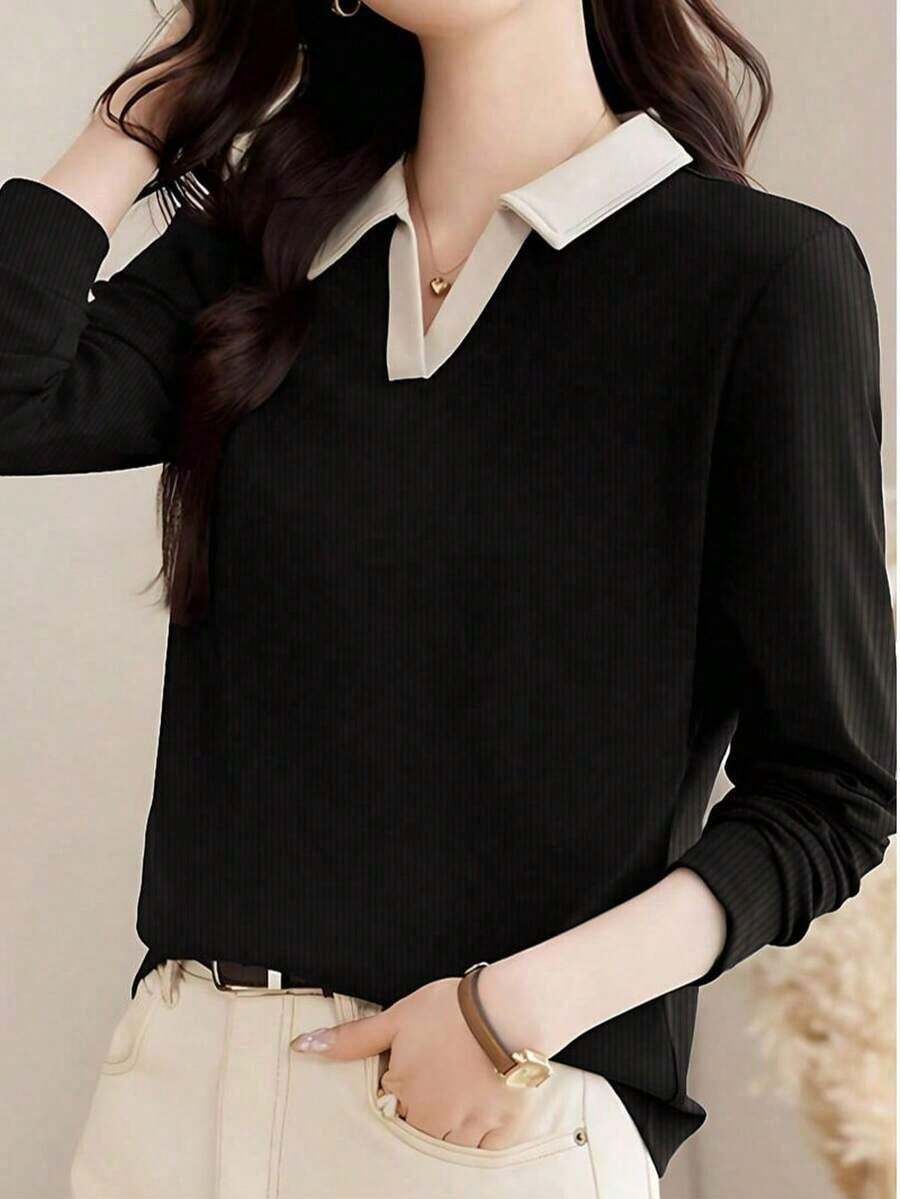 Camiseta de manga larga con cuello de polo para mujer, prenda exterior de moda, jersey informal de primavera, 2025 Nuevo otoño - Negro - Ver 1