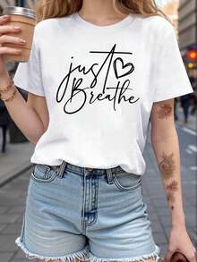 Conjunto de Estilo Minimalista Moderno y Relajado con Estampado de Patrón Escrito a Mano "simplemente Respira", Camiseta de Moda Casual para Mujer, Primavera/Verano, para Uso Diario, Compras, Fiestas, Viajes al Trabajo, Versátil, Elegante y Casual para el Día a Día. - Blanco - Ver 7