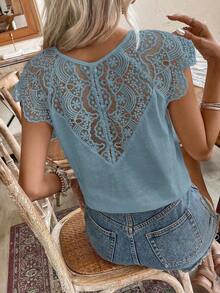 Frenchy Camiseta de algodón de bambú de unicolor de verano con parche de encaje blanco soluble en agua y escote en V. Cómoda y transpirable para uso diario, vacaciones y viajes.Estilo Cottagecore, blanco, temporada de bodas - Azul - Ver 3
