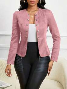 Lady Chaqueta abierta con detalles de botones en ante negro para otoño/invierno - Rosa - Ver 7