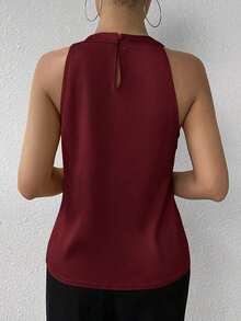 Privé Blusa de satén sin mangas con cuello de volantes de unicolor elegante para la oficina y el trabajo, color champán - Burdeos - Ver 2