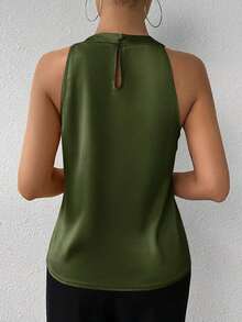 Blusa de crepé champán con cuello fruncido, sin mangas, elegante y sencilla para la oficina, para uso diario y de oficina - Verde militar - Ver 2
