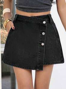 PETITE Short vaquero sexy con bolsillo frontal, cruce de cintura y abotonado para mujer - Negro - Ver 8