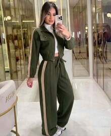 Women's Two-Tone Formal Outfit, Elegant And Comfortable For Travel, Chic Striped Set. - Dark Green - View 2