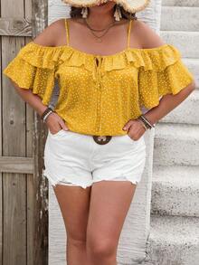 Camiseta romántica con volantes y escote descubierto de corazoncitos para vacaciones, talla grande.Ideal para fiesta casual, picnic o San Valentín. - Amarillo - Ver 7
