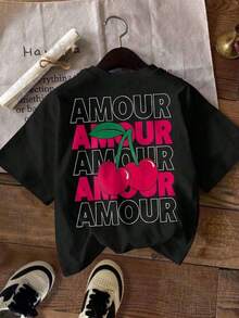 A Women's Casual Style T-Shirt With Cherry Print, Urban Style Short Sleeve T-Shirt, A Lovely Blouse For Summer, With A Holiday Vibe, Accented In Red. - 黑色 - 查看 4