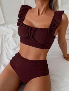 2 piezas Conjunto de traje de baño de verano para mujer con parte superior corta plisada de un solo color con volantes y tirantes, y Bottom triangular tableada y fruncida de cintura alta - Burdeos - Ver 1