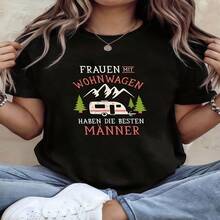 Camiseta informal de algodón para mujer, manga corta, cuello redondo y estampado gráfico de caravana. - Negro - Ver 1