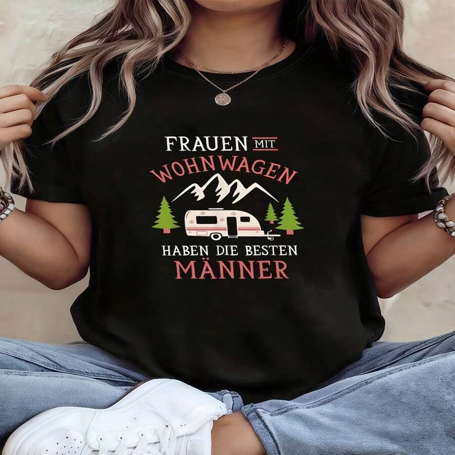 Camiseta informal de algodón para mujer, manga corta, cuello redondo y estampado gráfico de caravana. - Negro - Ver 1