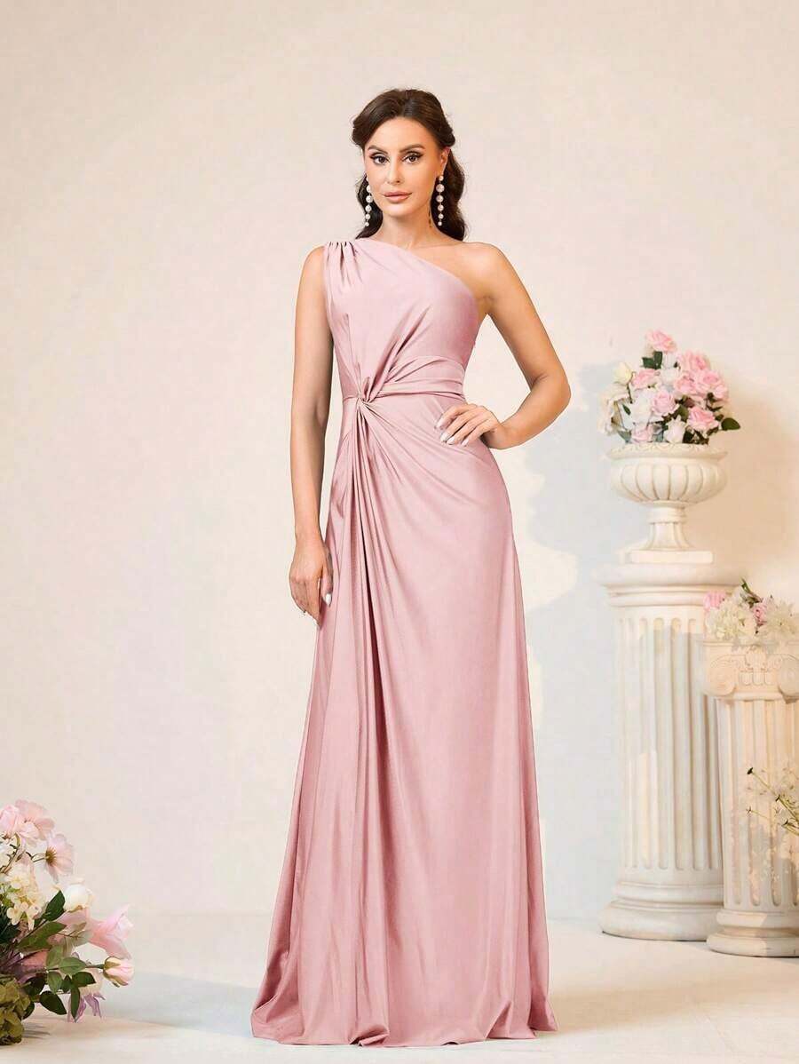 Vestido holgado de dama de honor de línea A con un hombro, de tela elástica tejida de color verde romántico y elegante - Rosa Pálido - Ver 1
