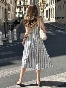 Vestido midi elegante francés azul con estampado sin mangas para mujer - Azul - Ver 6