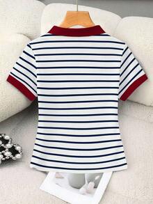 Camisa polo corta de mujer con estampado a rayas de equitación, cuello de color contrastante - Multicolor 4 - Ver 2
