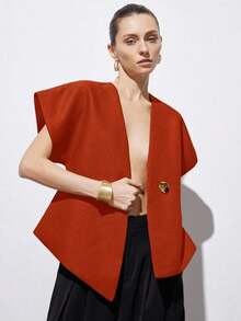 Chaqueta de mujer con cuello en V elegante, hombros anchos, bajo asimétrico, botones decorativos y mangas cortas, diseño minimalista y versátil para el uso diario - Naranja - Ver 4