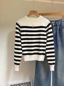 Suéter de punto acanalado con estampado de rayas, tops de manga larga, suéter de punto en otoño/invierno - Blanco y Negro - Ver 3