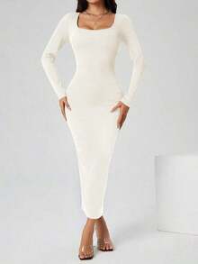 Vestido largo de manga larga con cuello cuadrado color negro sólido ajustado, vestido elegante de manga larga para mujer con cuello cuadrado, ajuste ceñido, manga recta, liso, para uso diario casual en primavera/otoño - Blanco - Ver 7