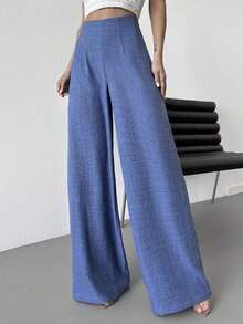 Pantalones anchos de cintura alta y pierna ancha para mujer, color azul, adecuados para la playa, el aeropuerto, de estilo modesto - Azul - Ver 5