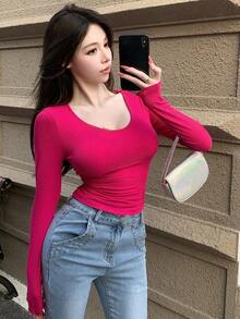Camiseta de mujer de ajuste ceñido con cuello en U, ropa de otoño con mangas largas para mujer - Rosa Fucsia - Ver 3