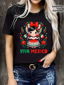 Plus Size - Women's Plus Size Casual T-Shirt - Vibrant Mexican Day Of The Dead Print, Crew Neck, Short Sleeve, Slightly Stretchy Fabric, Comfortable Year-Round Top, Casual Wear, Mexican T-Shirt - 黑色 - 查看 7