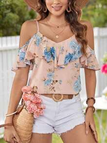 Blusa de mujer de gasa con hombros descubiertos, bajo con volantes y estampado, para primavera/verano y vacaciones - Azul - Ver 1