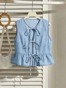 Chaleco de mezclilla casual de mujer con lazo anudado, dobladillo con volantes y color azul - Lavado ligero - Ver 5