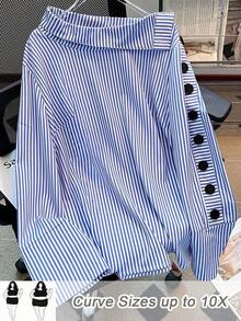Camisa de manga larga con cuello alto a rayas para mujer de talla grande, adecuada para ir a trabajar, salidas, vacaciones, tops de primavera/verano - Azul - Ver 1