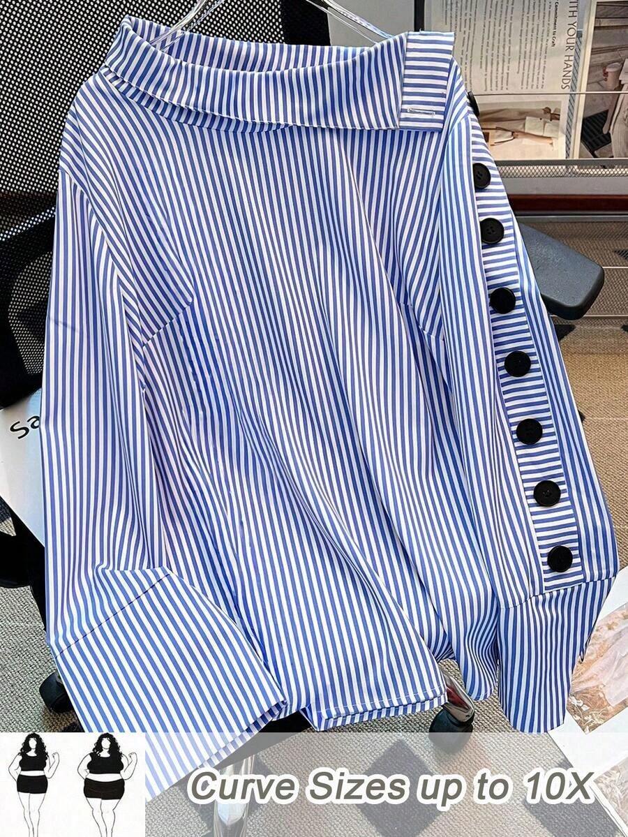 Camisa de manga larga con cuello alto a rayas para mujer de talla grande, adecuada para ir a trabajar, salidas, vacaciones, tops de primavera/verano - Azul - Ver 1
