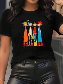 Pure Cotton T-Shirt With Artistic Cartoon Character Print - Stylish And Elegant - Unisex Crew Neck T-Shirt For Casual Sports, Short Sleeves, Available In Various Colors. Plain White T-Shirt. - 黑色 - 查看 2