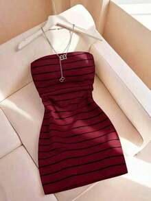 Vestido tubo ajustado de cuello redondo con estampado de rayas para mujer, primavera/verano - Multicolor 4 - Ver 4