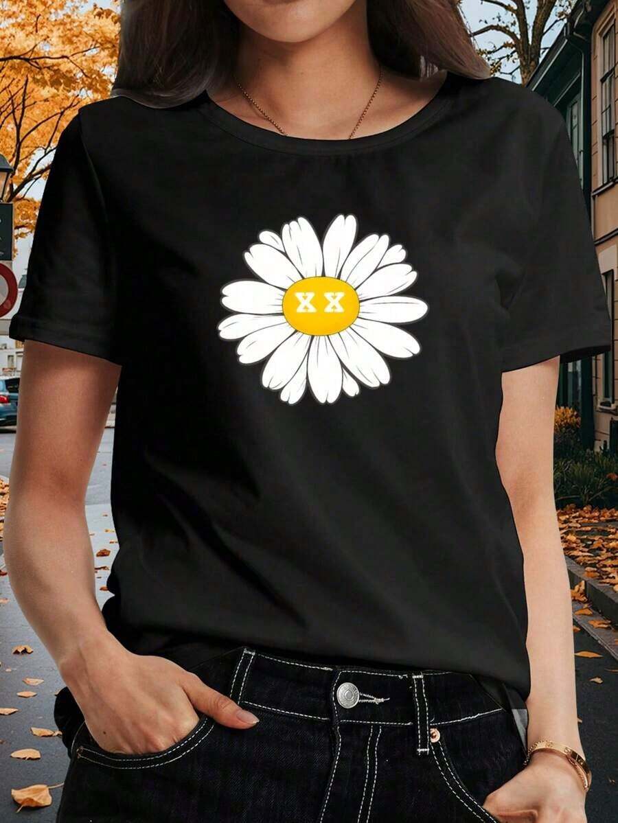 Women's Daisy Print T-Shirt, Soft And Breathable, Round Neck, Short Sleeve, Casual Summer Style, White Floral Design, Loose Fit, Suitable For Daily Wear And Party Outfits, Machine Washable, Lightweight Material, Spring Fashion - 黑色 - 查看 1