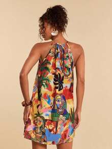 Vestido corto holgado con hombros al descubierto y estampado tejido para mujeres para vacaciones - Multicolor 10 - Ver 2