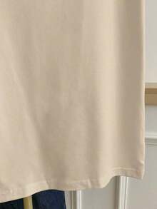 Camiseta de manga corta con cuello redondo, estampado de corazón y ribete de bloques de color para mujer talla grande, verano - Caqui - Ver 5