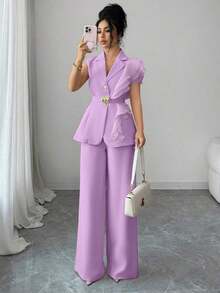 Traje formal elegante de mujer color albaricoque, conjunto de blazer con cuello de volantes de organza con lentejuelas y cintura con lazo, que incluye chaqueta sin mangas y pantalones rectos, color burdeos, adecuado para Halloween, Navidad, - Morado - Ver 5