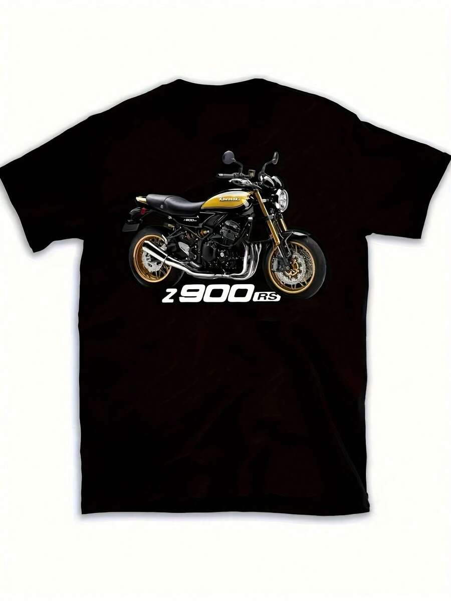 Unisex T-Shirt For Men And Women, Plus Sizes L-5XL, 180GSM, Heavyweight, Classic Japanese Motorcycle Design Z900 RS, Black And Yellow Graphic T-Shirt, Sporty Design, Regular Fit, Round Neck, Short Sleeve, Casual T-Shirt For Motorcycle Lovers. - 黑色 - 查看 1