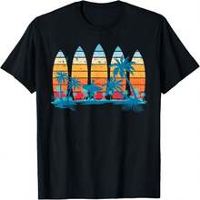 Vintage Surfboard Sunset Surfboarder Retro Surfer Palm Tree T-Shirt - 黑色 - 查看 1