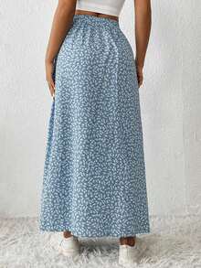 Falda De Verano Para Mujeres Con Estampado Floral Pequeño Y Abertura De Muslo - Azul - Ver 2