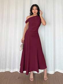 Vestido de cóctel elegante de estilo francés bohemio y chic con detalles de volantes, cuello asimétrico y silueta de línea A en color verde macaron, ideal para vacaciones, días festivos, graduación, citas - Rojo - Ver 3