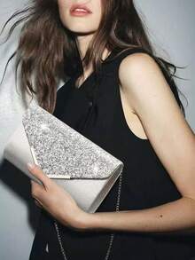 Glitter V-Shaped Clutch Bag - Silver - View 5