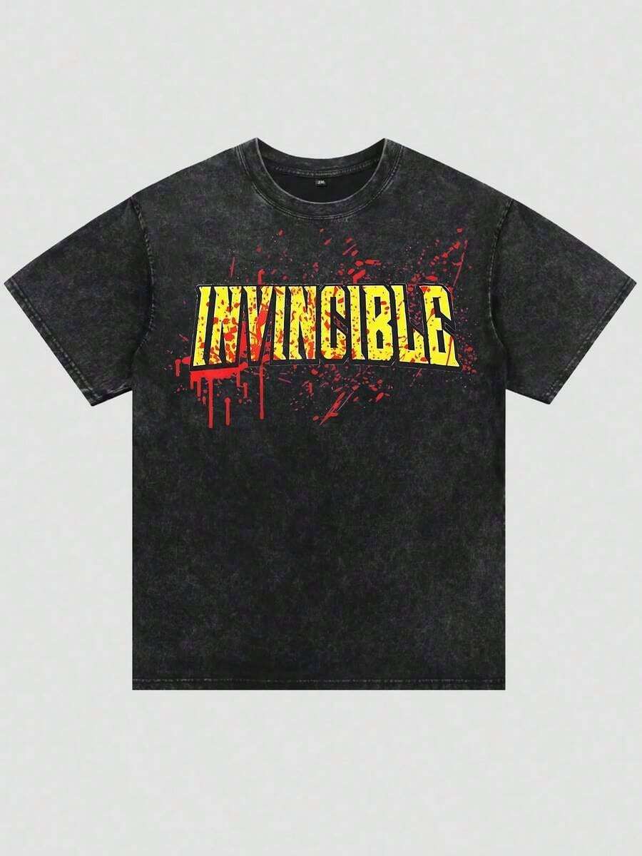 Camisetas lavadas con estampado de logotipo de mancha de sangre invencible, merch de Harajuku, camiseta de anime para adultos, para hombres y mujeres. - Negro - Ver 1